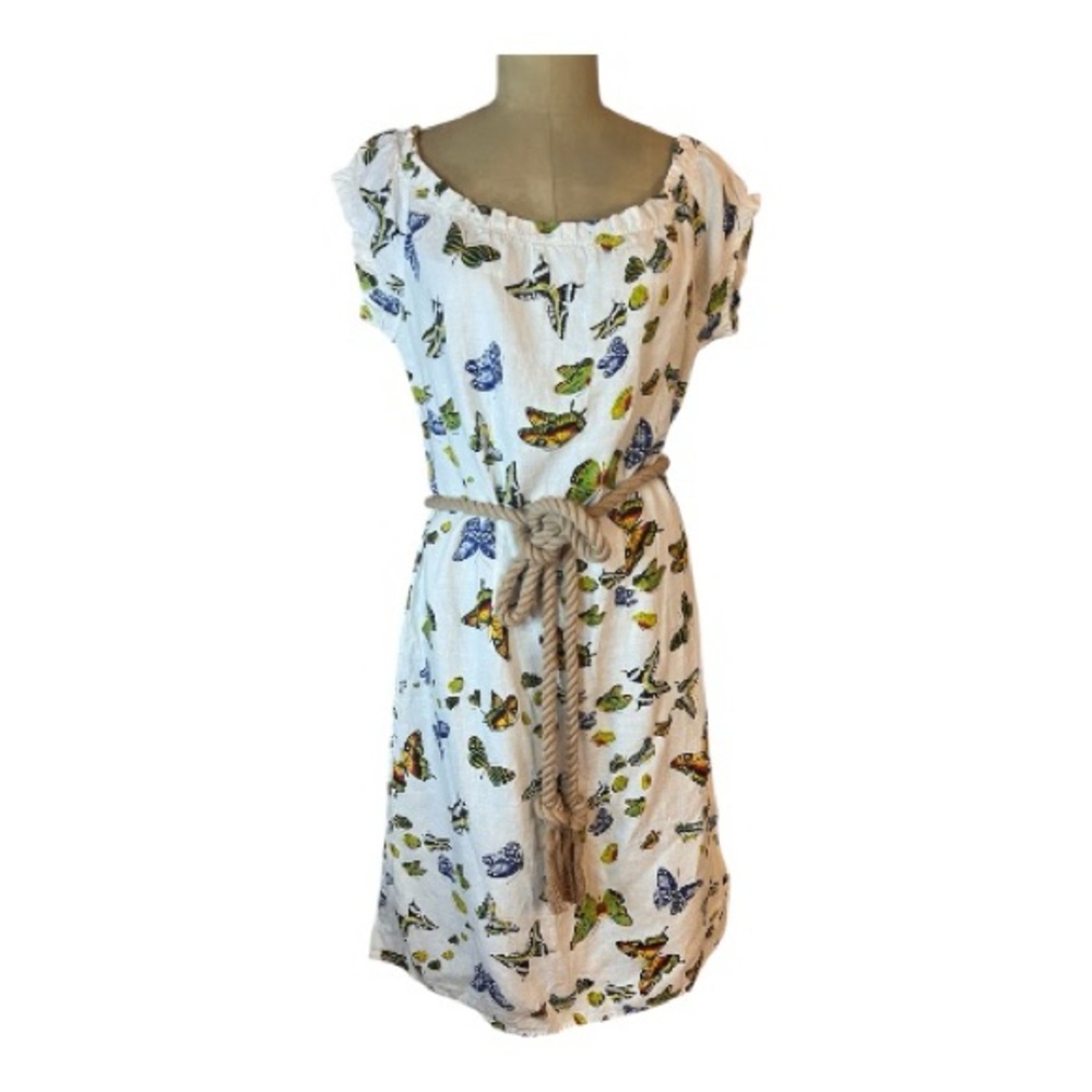 Artists In Orbit Linen White Midi Dress with Butterfly Pattern